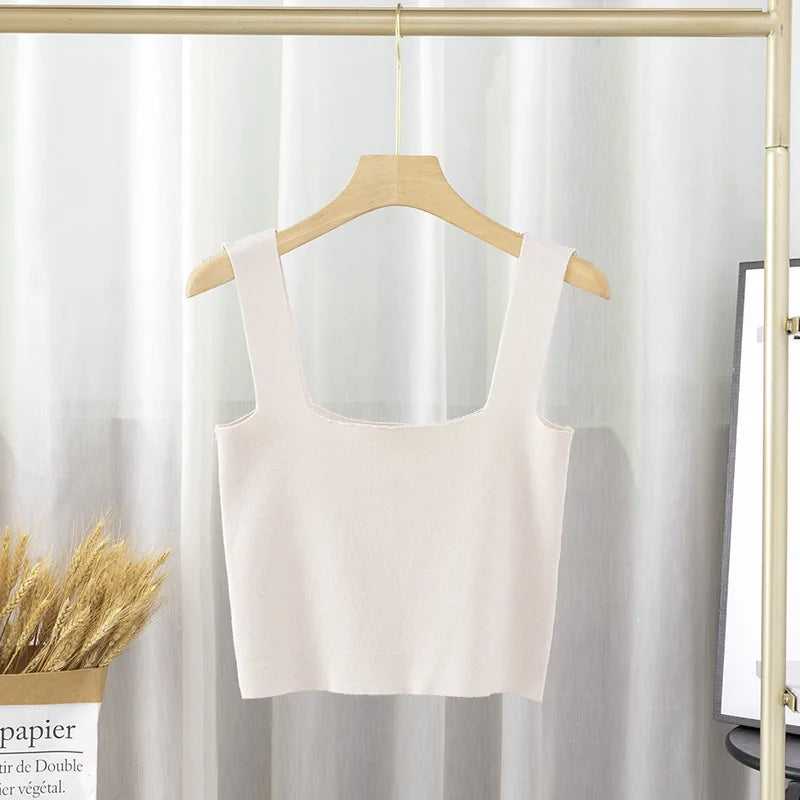 None Sweet Women S Nylon M Summer Womens Fashion Solid Color Square Neck Doublelayer Sling Slimfit Vest Top