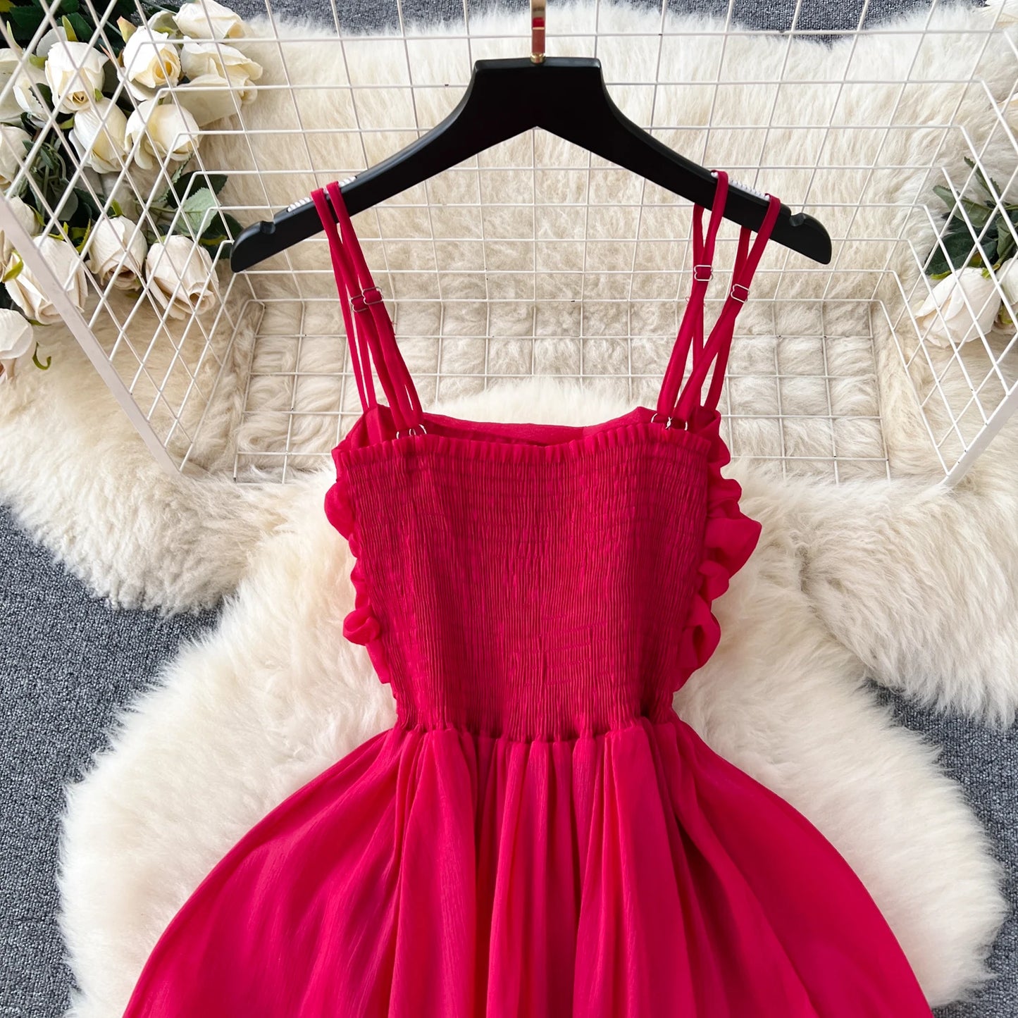Red Summer Maxi Dress with Ruffled Bodice & Spaghetti Straps