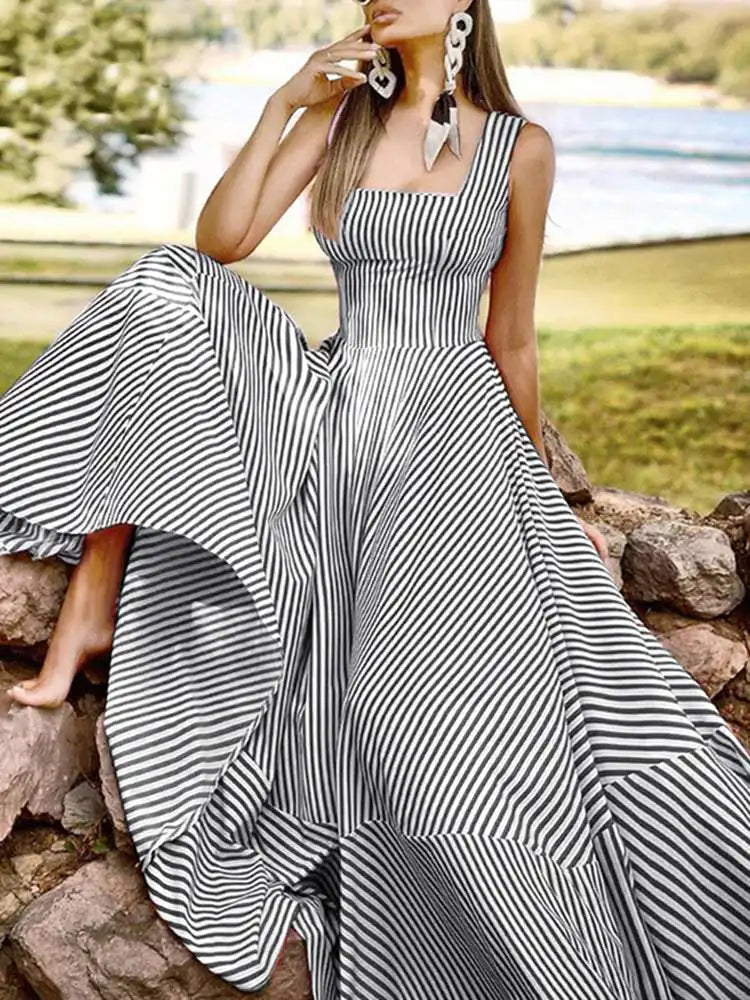 ZANZEA Holiday Long Maxi Dresses Womens France Elegant Tank Dress 2023 Summer Chic A Line Robe Party Striped Sleeveless Sundress - Mira Belle