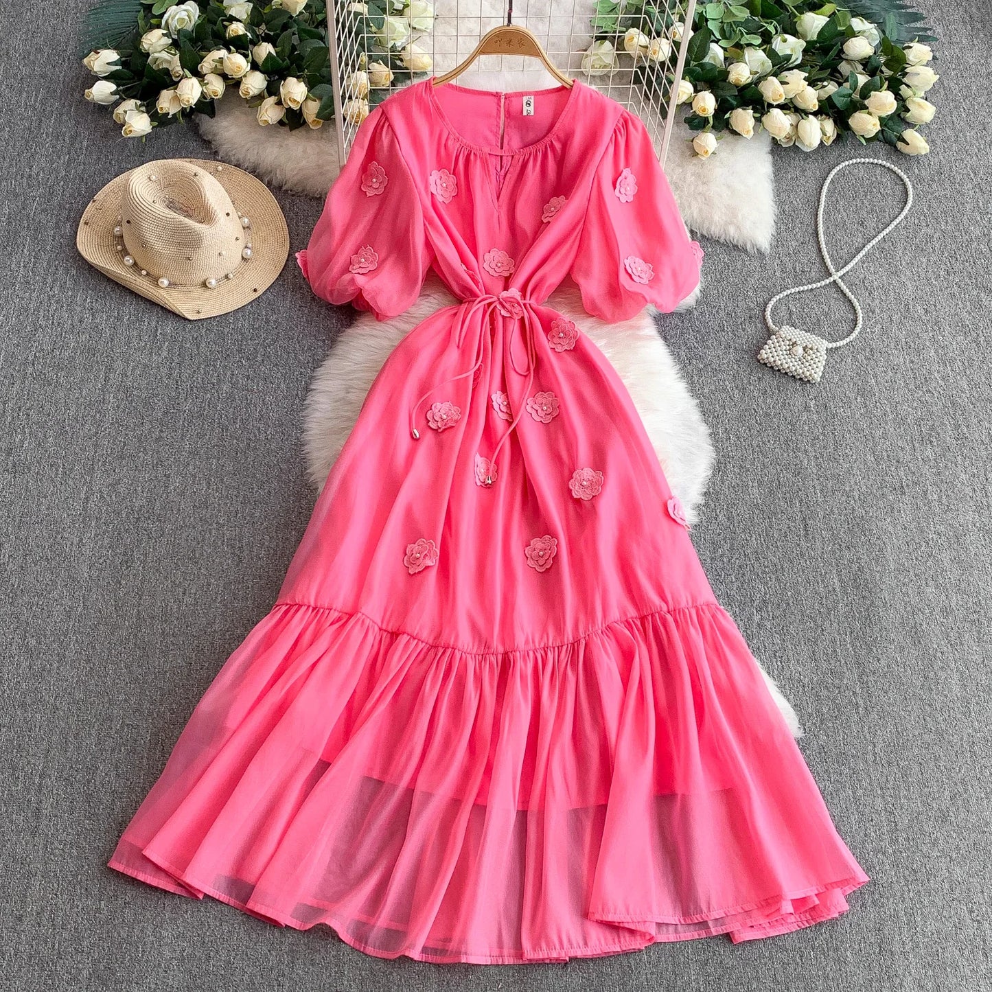 Blue Chiffon Dress with 3D Flowers & Bubble Sleeves | Mira Belle