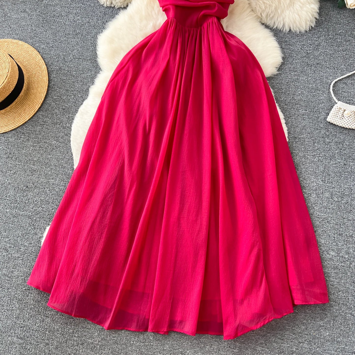 Red Summer Maxi Dress with Ruffled Bodice & Spaghetti Straps