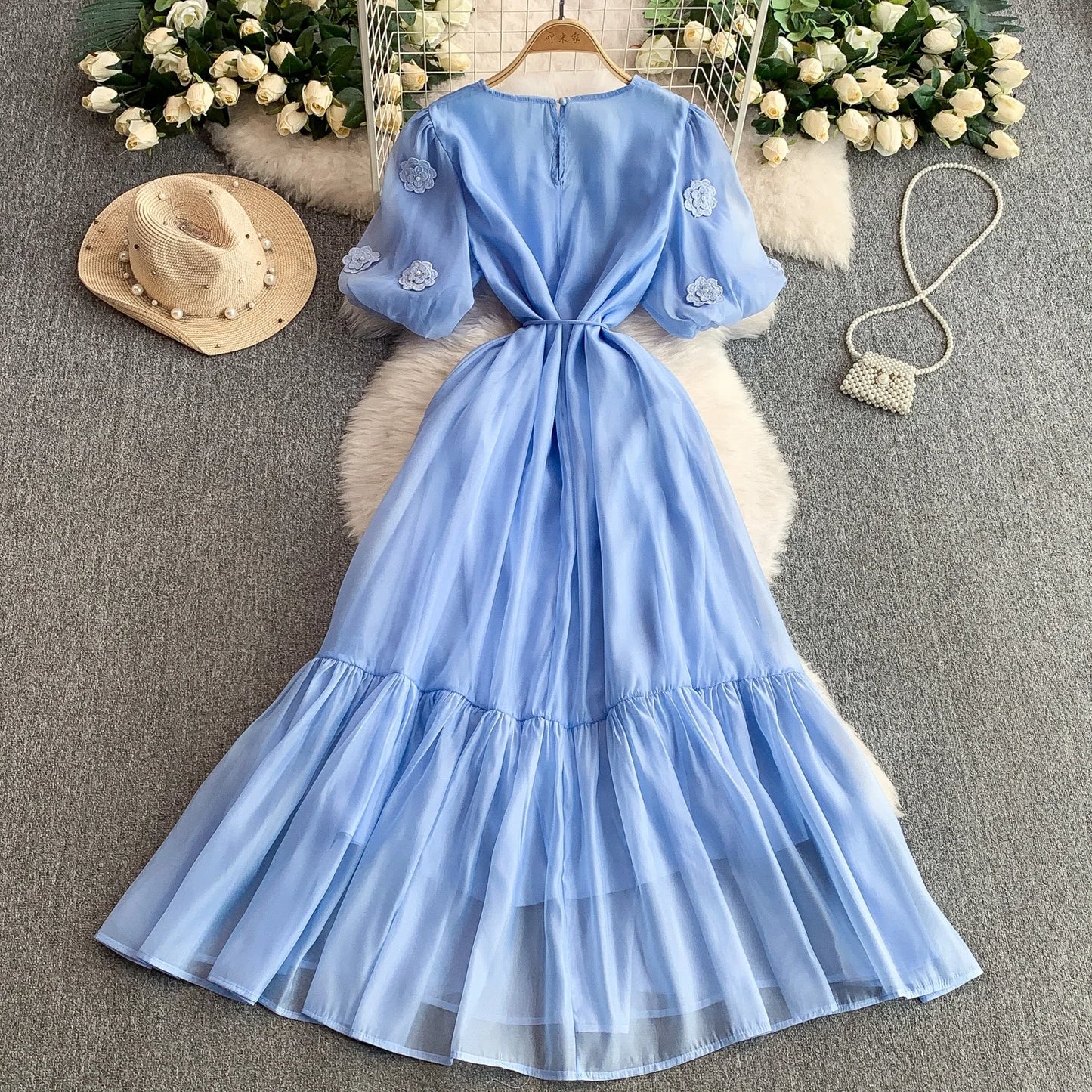 Blue Chiffon Dress with 3D Flowers & Bubble Sleeves | Mira Belle