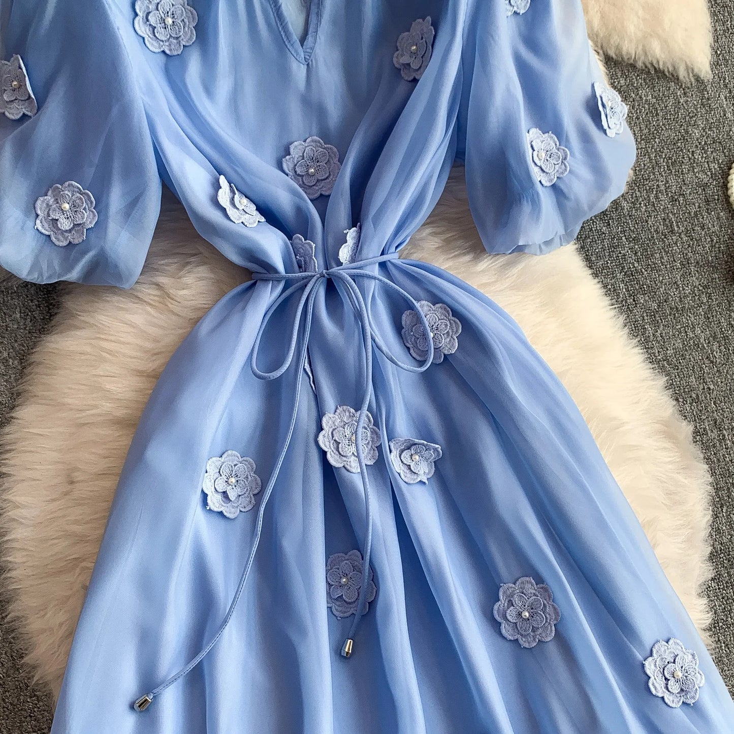 Blue Chiffon Dress with 3D Flowers & Bubble Sleeves | Mira Belle