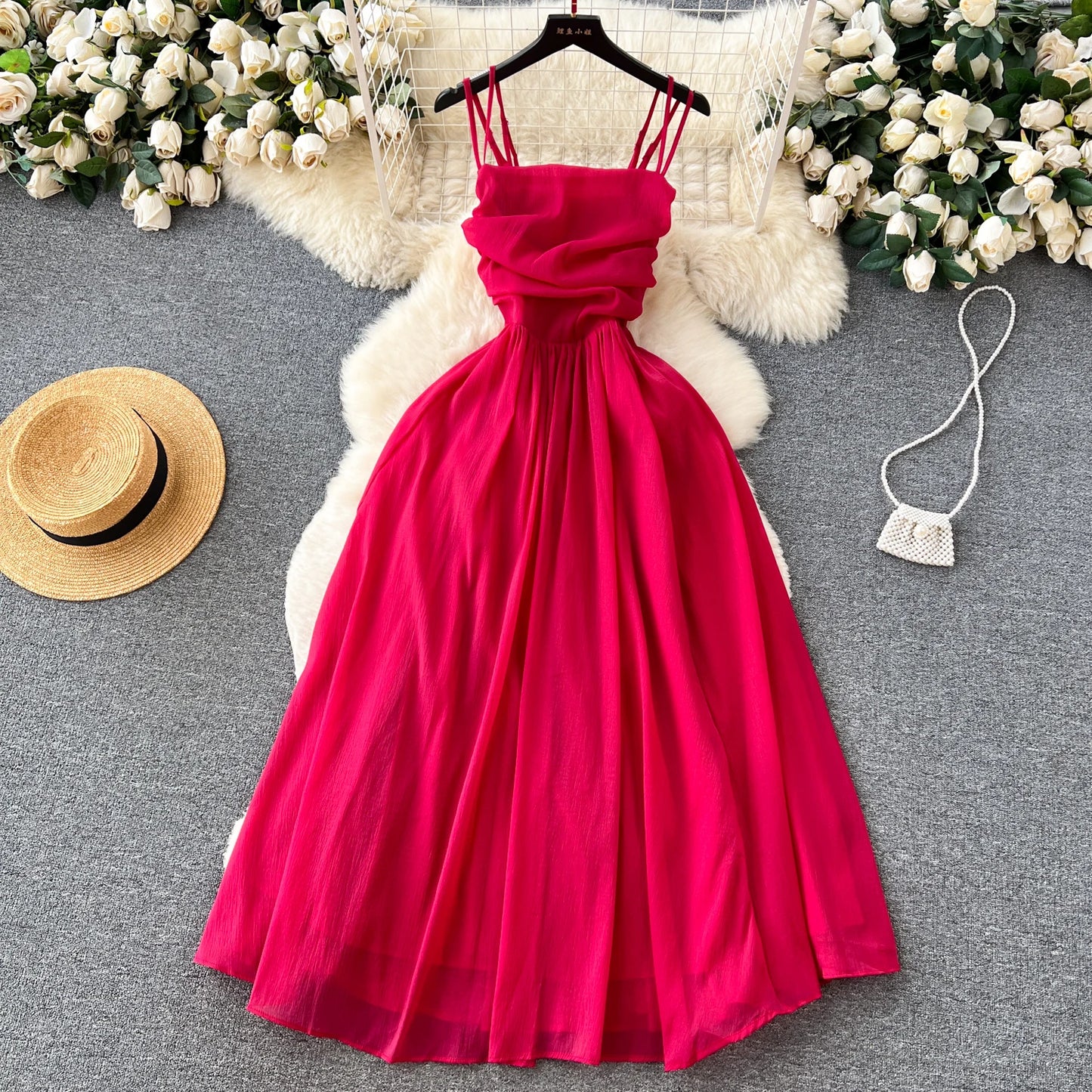 Red Summer Maxi Dress with Ruffled Bodice & Spaghetti Straps