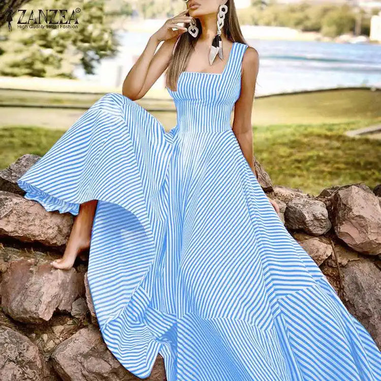 ZANZEA Holiday Long Maxi Dresses Womens France Elegant Tank Dress 2023 Summer Chic A Line Robe Party Striped Sleeveless Sundress - Mira Belle 