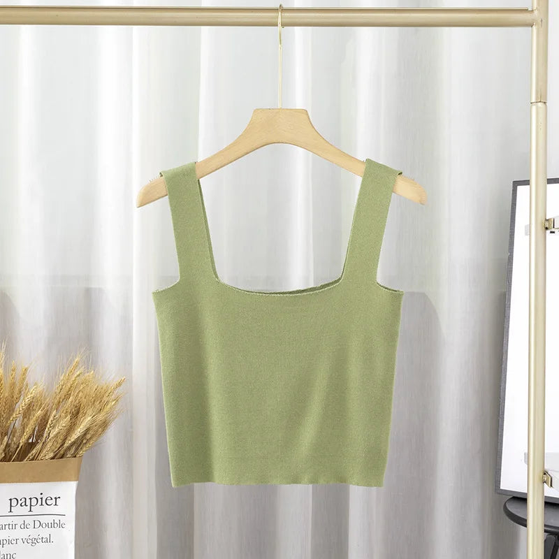 None Sweet Women S Nylon M Summer Womens Fashion Solid Color Square Neck Doublelayer Sling Slimfit Vest Top