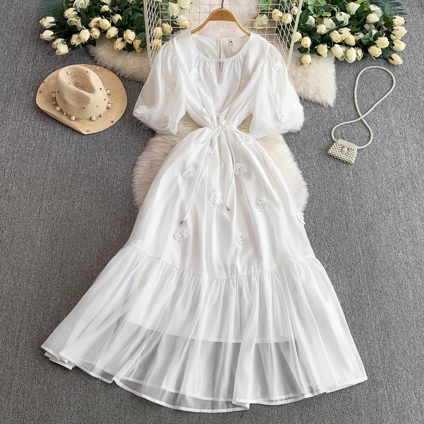 Blue Chiffon Dress with 3D Flowers & Bubble Sleeves | Mira Belle