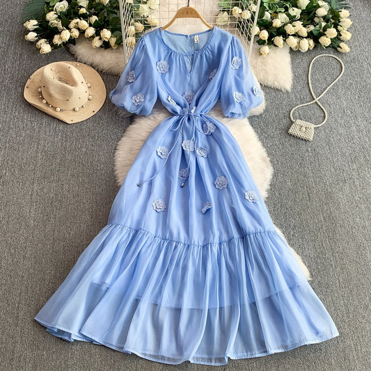 Blue Chiffon Dress with 3D Flowers & Bubble Sleeves | Mira Belle