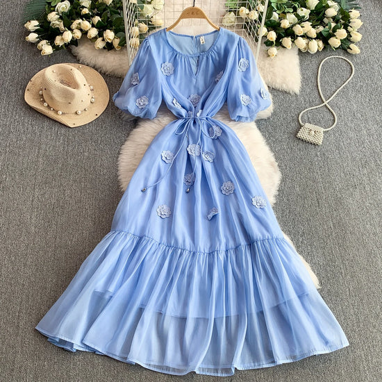 Blue Chiffon Dress with 3D Flowers & Bubble Sleeves | Mira Belle