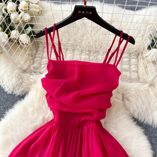 Red Summer Maxi Dress with Ruffled Bodice & Spaghetti Straps