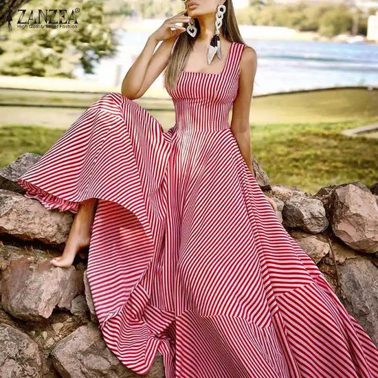 ZANZEA Holiday Long Maxi Dresses Womens France Elegant Tank Dress 2023 Summer Chic A Line Robe Party Striped Sleeveless Sundress - Mira Belle 