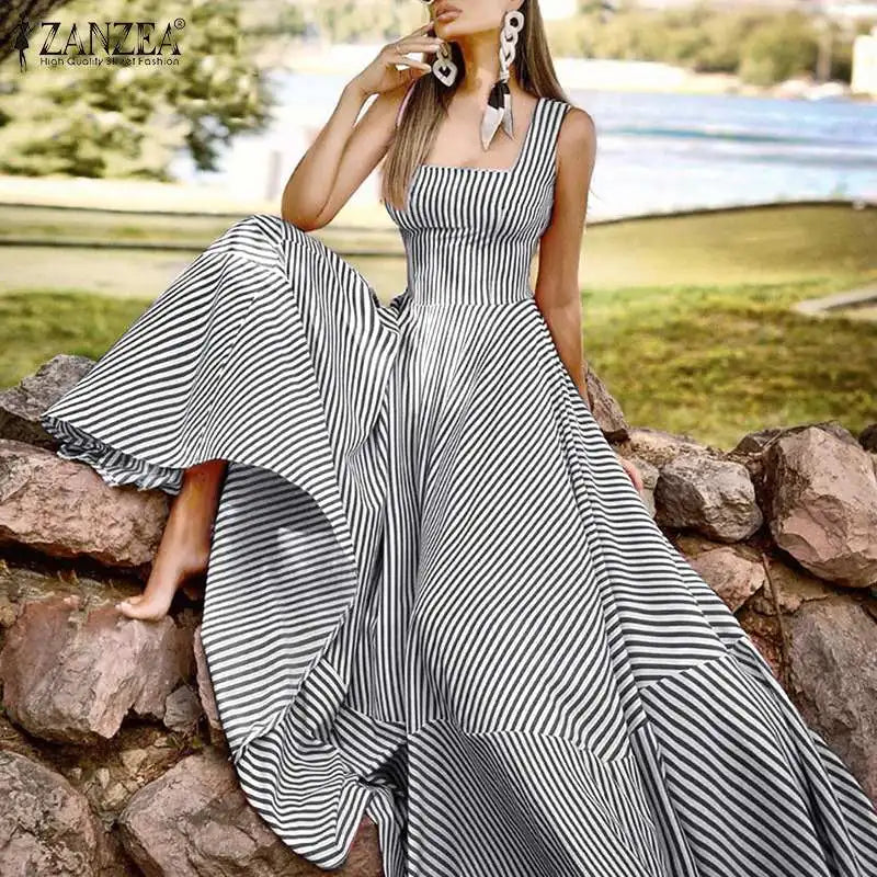ZANZEA Holiday Long Maxi Dresses Womens France Elegant Tank Dress 2023 Summer Chic A Line Robe Party Striped Sleeveless Sundress - Mira Belle 
