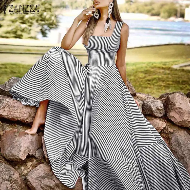 ZANZEA Holiday Long Maxi Dresses Womens France Elegant Tank Dress 2023 Summer Chic A Line Robe Party Striped Sleeveless Sundress - Mira Belle 