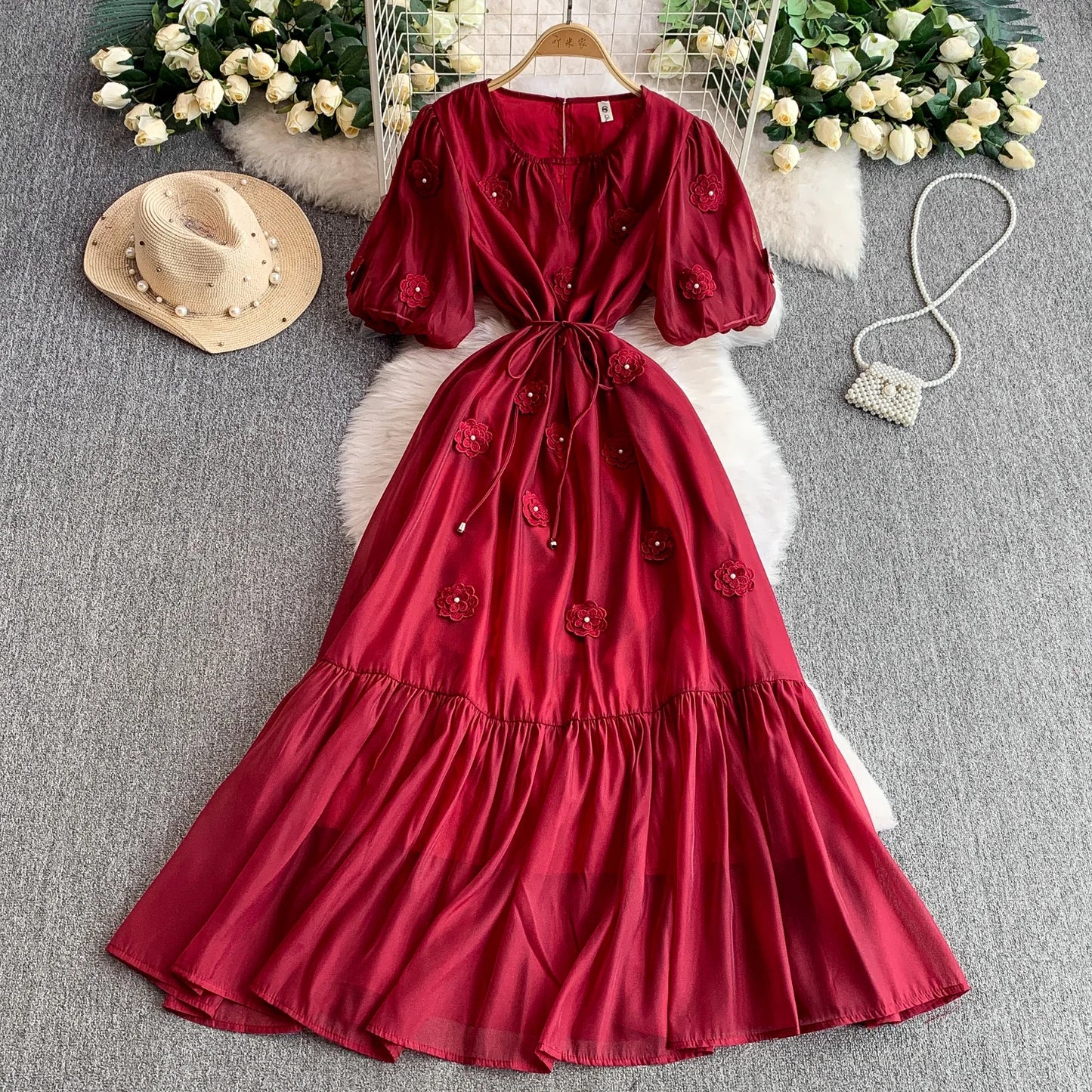 Blue Chiffon Dress with 3D Flowers & Bubble Sleeves | Mira Belle
