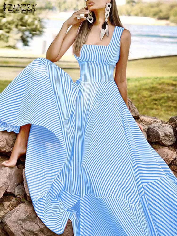 ZANZEA Holiday Long Maxi Dresses Womens France Elegant Tank Dress 2023 Summer Chic A Line Robe Party Striped Sleeveless Sundress - Mira Belle 