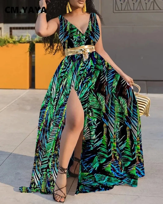 CM.YAYA Women Long Dress Print Splited Loose Maxi Vestidos Ladies Vintage Fashion Dresses Elegance Stylish Outfits Summer 2021 - Mira Belle 